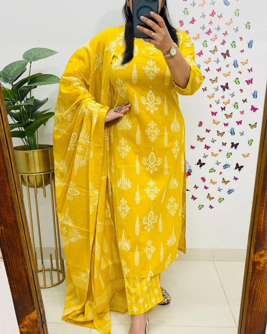 Bright Yellow Cotton Suit Set with White Handblock Print For Women