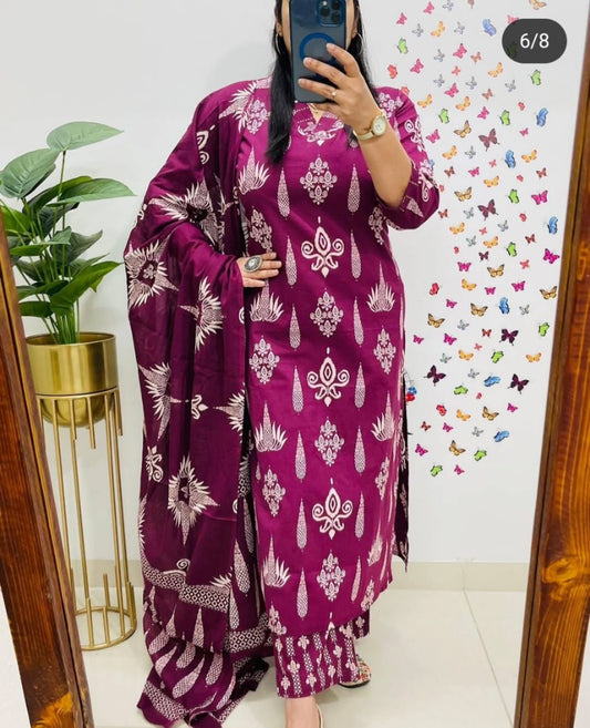 Elegant Maroon Cotton Suit Set with White Handblock Print
