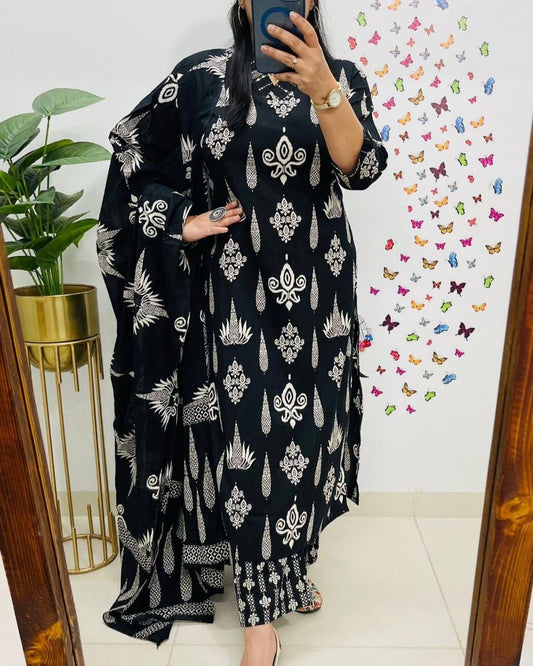 Black Cotton Suit Set with White Handblock Print For Women