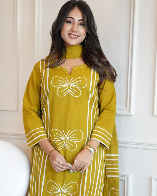Yellow Cotton Suit Set with White Butterfly Embroidery