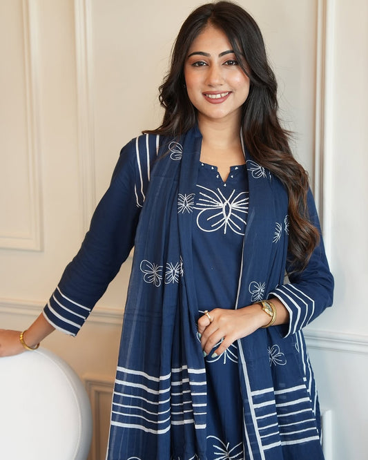 Blue Cotton Suit Set with White Butterfly Embroidery