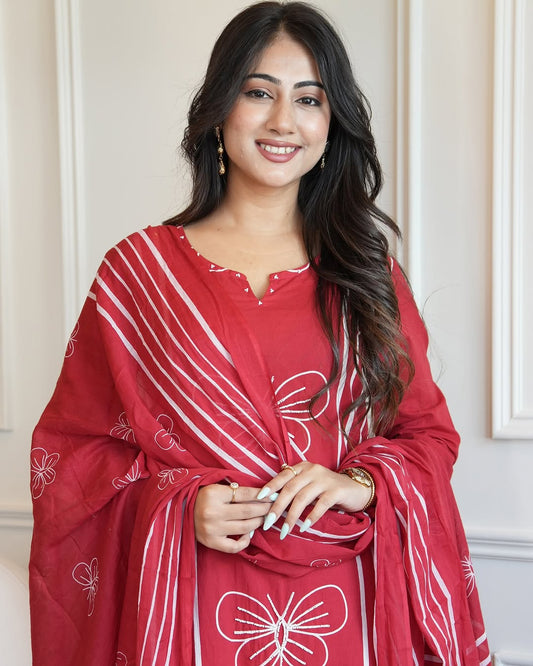 Red Cotton Suit Set with White Butterfly Embroidery