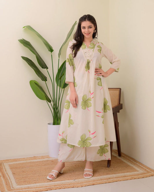 Floral Printed White Cotton Co-ord Set For Women